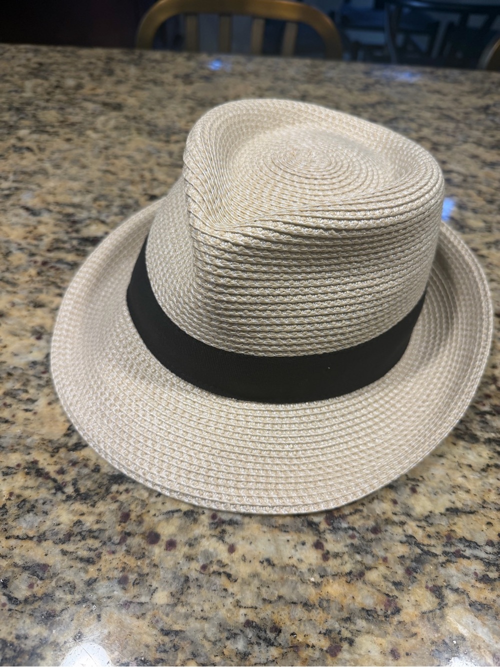 Eric Javits Classic Squishee Straw Packable Fedora Sun Hat. Black Band, Cream